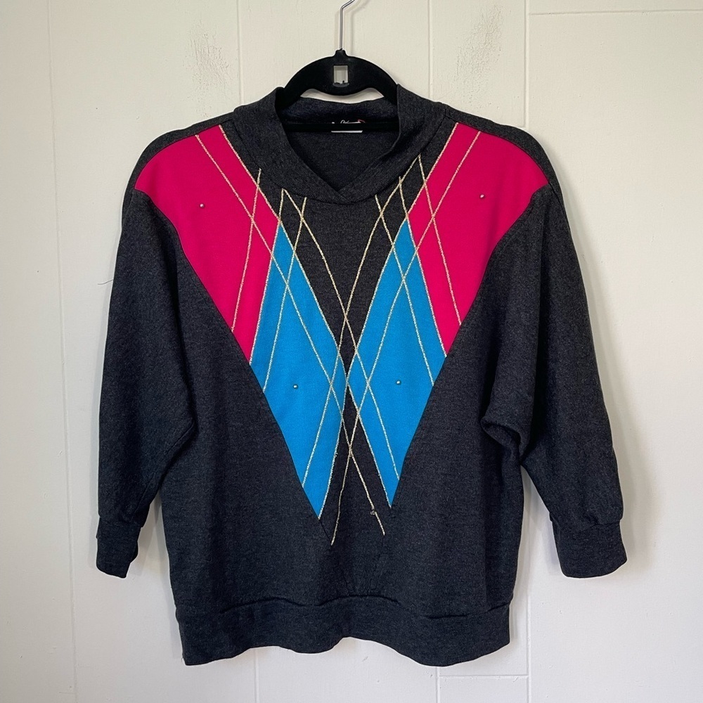 Vintage 80s 90s Grey Pink 3/4 Sleeve Crop Sweater ~ Made In USA ~ Size S(4-6)